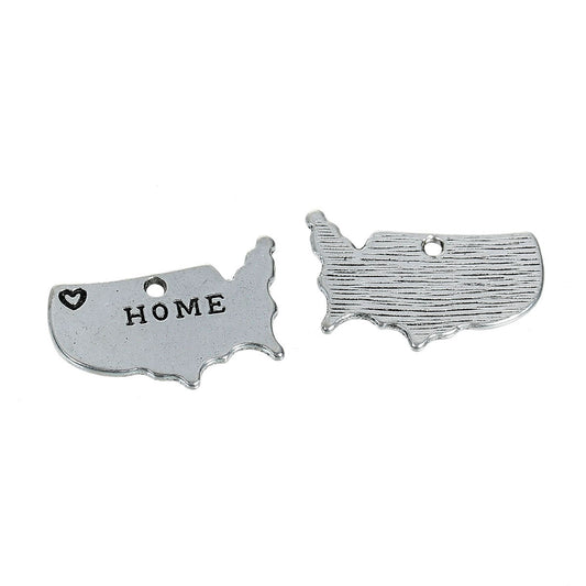 P058 - 10 pcs. Antique Silver "Home" charm with Heart - 24mm X 15mm - USA Map - Armed Forces, Travelers, Patriots! Hole Size: 1.5mm