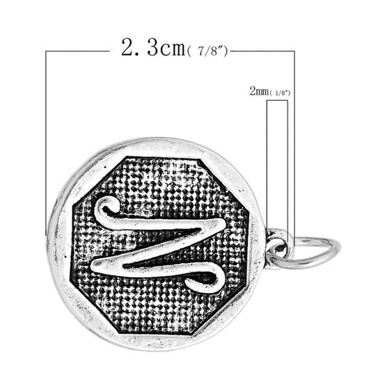 P099 - 4 pcs. Antique Silver LARGE Letter "N" Alphabet Letter Charm Pendant - 23mm x 20mm - Stamped Design