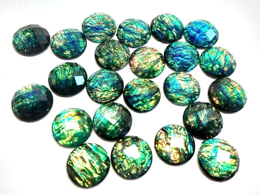 CA1028 - 10 pcs Resin Round Embellishment Circle Cabochons Metal Mosaic Foil - Green Multicolor - 12mm - Faceted