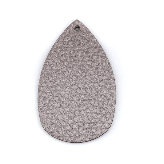 P1031 - 10 pcs. Metallic Gray Faux Leather Dangle Charms Pendants - Plump Teardrop - 58mm (2.3") - Great for Light Earrings! Double-Sided
