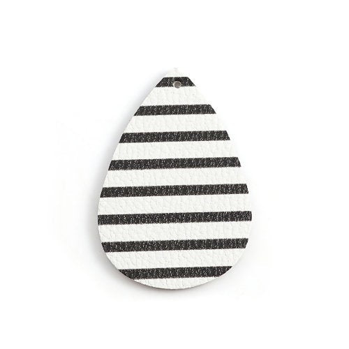 P1091 - 10 pcs. Black and White Stripe Faux Leather Dangle Charms Pendants - Teardrop - 56mm (2.2") - Great for Earrings! Double Sided - Style C