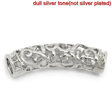 BD406 - 5 pcs. Silver Tone Noodle Tube Long Curved Beads - 29mm x 9mm (1 1/8" x 3/8") - Heart Carved Hollow Pattern - Hole Size: 4.4mm