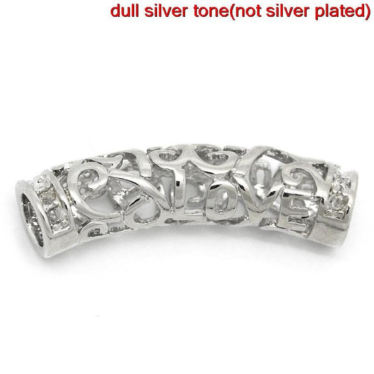BD406 - 5 pcs. Silver Tone Noodle Tube Long Curved Beads - 29mm x 9mm (1 1/8" x 3/8") - Heart Carved Hollow Pattern - Hole Size: 4.4mm