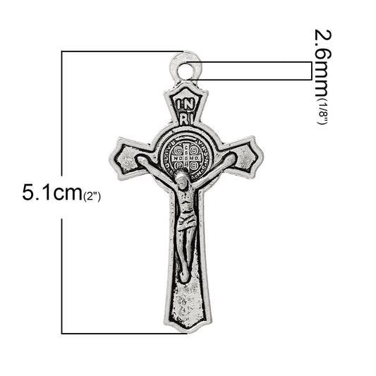 P423 - 10 pcs. Antique Silver Crucifix Cross Charms Pendants - 51mm x 28mm (2" x 1 1/8") - Hole Size: 2.6mm - INRI
