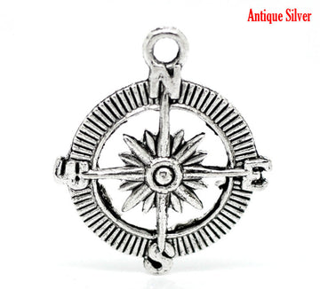 P207 - 10pcs. Antique Silver Compass Navigational Charms Pendants - 30mm X 25mm