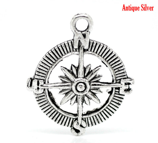 P207 - 10pcs. Antique Silver Compass Navigational Charms Pendants - 30mm X 25mm