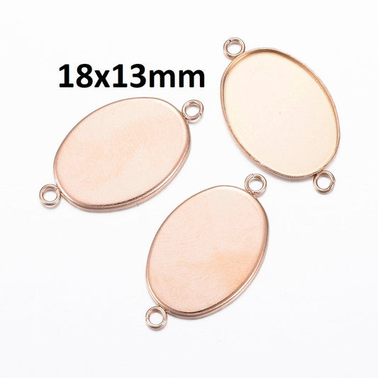 P371 - 10 pcs. 304 Stainless Steel Rose Gold Oval Bezel Cabochon Cameo Connector Tags Trays - 18mm x 13mm Glue Pad - Tarnish Resistant!