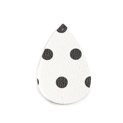 P1048 - 10 pcs. Black and White Polka dot Faux Leather Dangle Charms Pendants - Teardrop - 56mm (2.2") - Great for Earrings! Double Sided