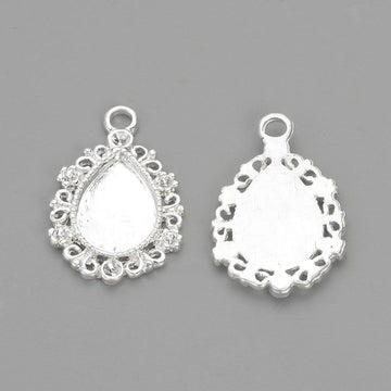 P477 - 10 pcs. Silver Plated Teardrop Bezel Frame Cabochon Pendant Tags Trays - 14mm x 10mm Glue Pad - Setting