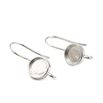 E901 - 4 pcs. Silver Tone Earring Hooks Settings Bezels Cabochons - 8mm Glue Pad Setting - with Loop