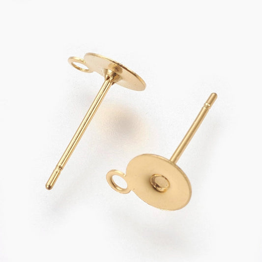E749 - 100 pcs (50 pairs) 304 Stainless Steel Golden Earring Posts/Bases/Studs/Settings with loop - 6mm Pad - 9mm with Loop - Includes Rubber Backs
