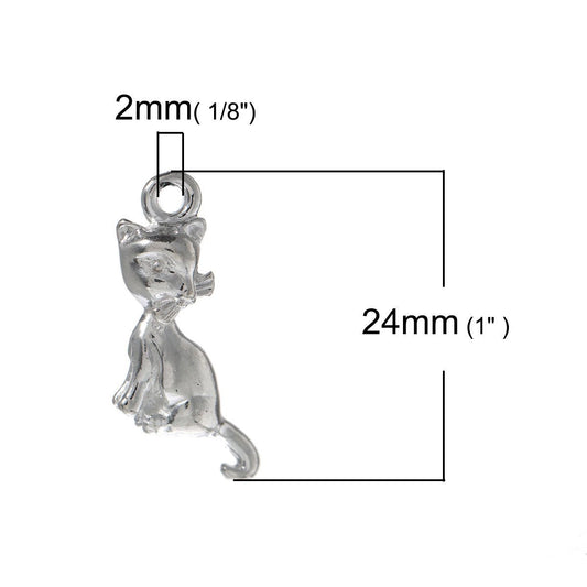 P280A - 10 pcs. Silver Plated Cat Sitting Charms Pendants - 24mm X 11mm