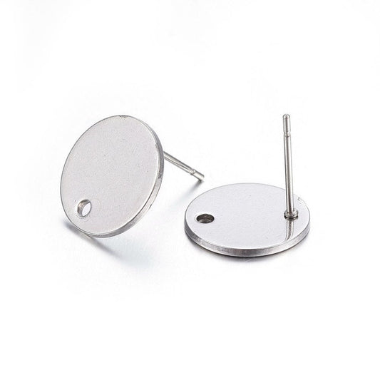 E451 - 10 pcs. (5 pairs) 304 Stainless Steel silver Tone Earring Posts/Bases/Studs/Settings - 12mm Length - 12mm Diameter - Hole Size: 1.5mm