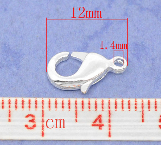 CL091A - 100 pcs. Silver Plated Lobster Clasps - 12mm x 7mm - Made of Brass! Very high quality! Claw Clasps