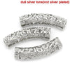 BD406 - 5 pcs. Silver Tone Noodle Tube Long Curved Beads - 29mm x 9mm (1 1/8" x 3/8") - Heart Carved Hollow Pattern - Hole Size: 4.4mm