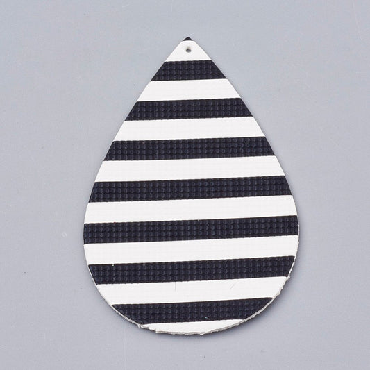 P154 - 10 pcs. Black and White Stripe Faux Leather Dangle Charms Pendants - Teardrop - 70mm (2.76") - Great for Earrings! Double Sided