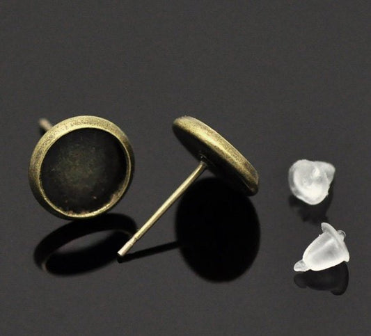 E312B - 30 pcs. Antique Bronze Earring Posts Studs Settings Bezels Cabochons Tacks- 8mm Glue Pad Setting