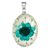 P177 - 1 pc. Silver Tone Oval REAL Teal Green Blue Flower Resin Pendant - 30mm x 17mm - 1.18" x 0.67"