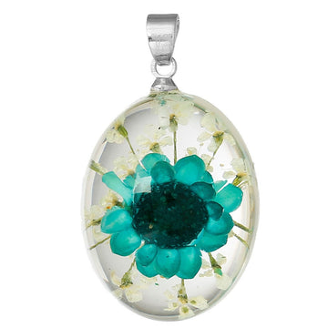 P177 - 1 pc. Silver Tone Oval REAL Teal Green Blue Flower Resin Pendant - 30mm x 17mm - 1.18" x 0.67"