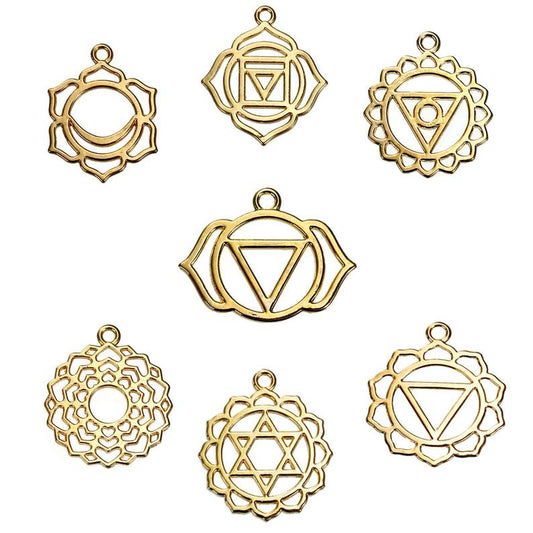P424 - 7 pcs Gold Plated Chakra Charms Pendants - 29mm x 23mm - 31mm x 28mm - Assortment