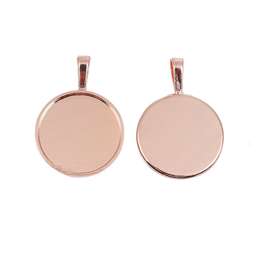 P683 - 5 pcs. Rose Gold Plated Pendant Trays Circle Posts Settings Bezels Cabochons - 25mm Glue Pad Setting (1 inch)