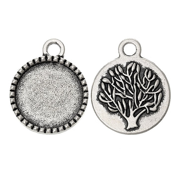 P454 - 10pcs. Antique Silver Circle Round Bezel Cabochon Pendant Tags Trays - 14mm Glue Pad Settings - Tree Design