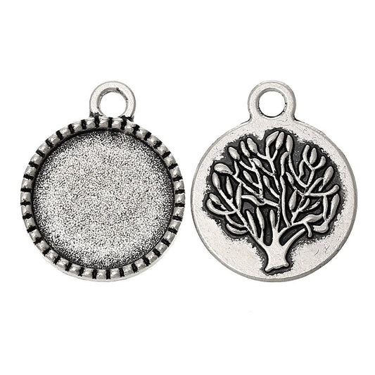 P454 - 10pcs. Antique Silver Circle Round Bezel Cabochon Pendant Tags Trays - 14mm Glue Pad Settings - Tree Design