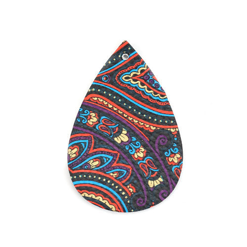 P231 - 10 pcs. Black and Blue Multicolor Filigree Floral Faux Leather Dangle Charms Pendants - Teardrop - 56mm (2.2") - Double Sided