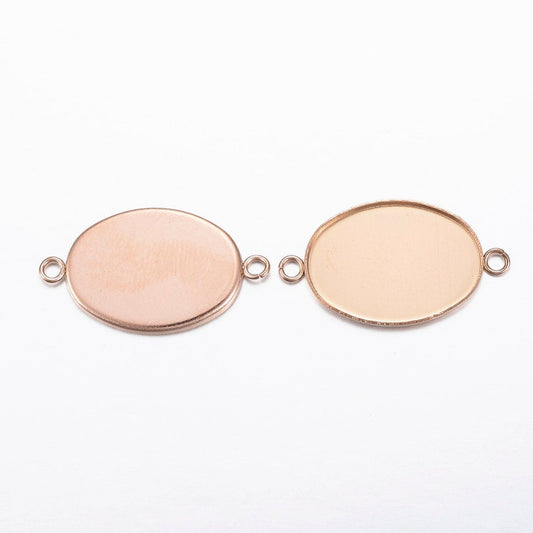 P371 - 10 pcs. 304 Stainless Steel Rose Gold Oval Bezel Cabochon Cameo Connector Tags Trays - 18mm x 13mm Glue Pad - Tarnish Resistant!