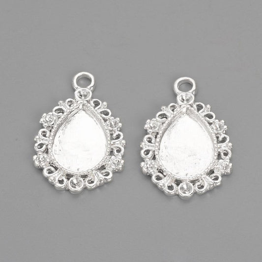 P477 - 10 pcs. Silver Plated Teardrop Bezel Frame Cabochon Pendant Tags Trays - 14mm x 10mm Glue Pad - Setting