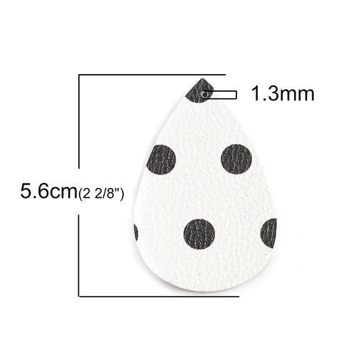 P1048 - 10 pcs. Black and White Polka dot Faux Leather Dangle Charms Pendants - Teardrop - 56mm (2.2") - Great for Earrings! Double Sided