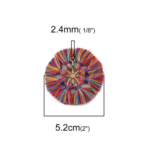 P2063 - 2 pcs. Multicolor Rainbow Cotton Tassel Pendants with Gold Plated Loop - 52mm - 2.04 inch