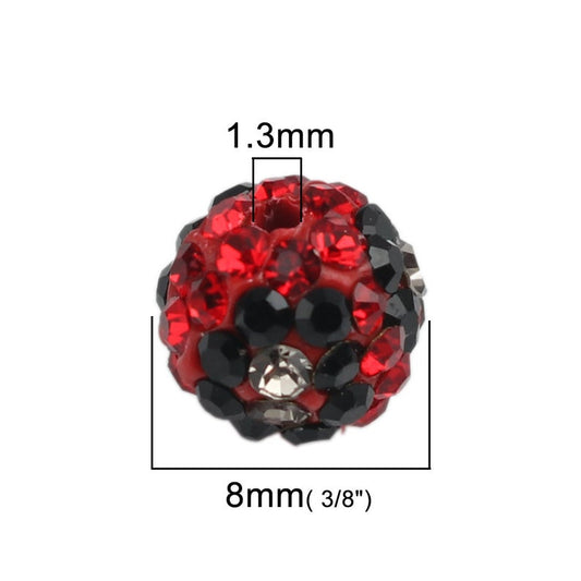 CA942 - 5 pcs Black and Red Polymer Clay Rhinestone Round Beads - 8mm - Hole Size: 1.3mm