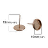E303A - 2 pcs. Stainless Steel Rose Gold Plated Earring Posts Studs Settings Bezels Cabochons Tacks- 10mm Glue Pad Setting - with Stoppers!
