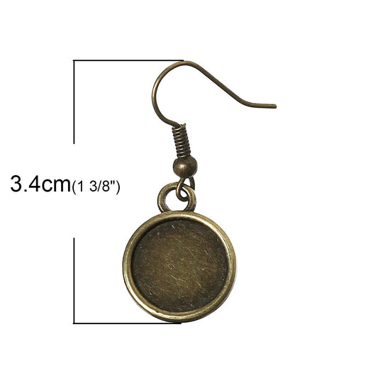 E099 - 10 pcs. Antique Bronze Earring Dangle Hooks Settings Bezels Cabochons - 12mm Glue Pad Setting - Double-Sided