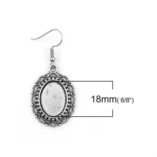 E119 - 10 pcs. Antique Silver Tone Earring Dangle Hooks Settings Bezels Cabochons - 18mm x 13mm Glue Pad Setting - Ornamented - Carved - Oval