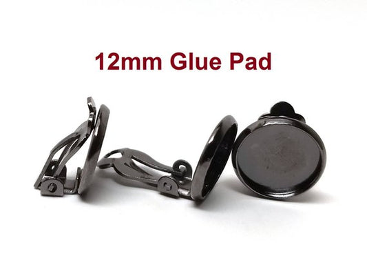 E181 - 20 pcs. Gunmetal Earring Clips Settings Hinged Bezels Cabochons - 12mm Glue Pad Setting