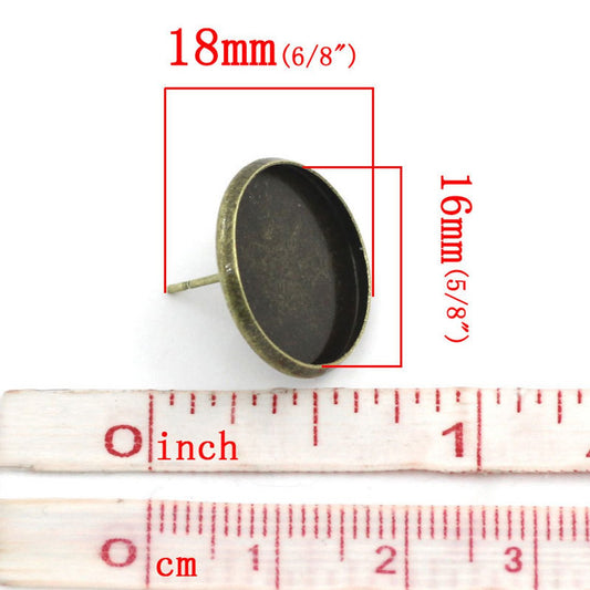 E234 - 30 pcs. Antique Bronze Earring Posts Studs Settings Bezels Cabochons Tacks - 16mm Glue Pad Setting