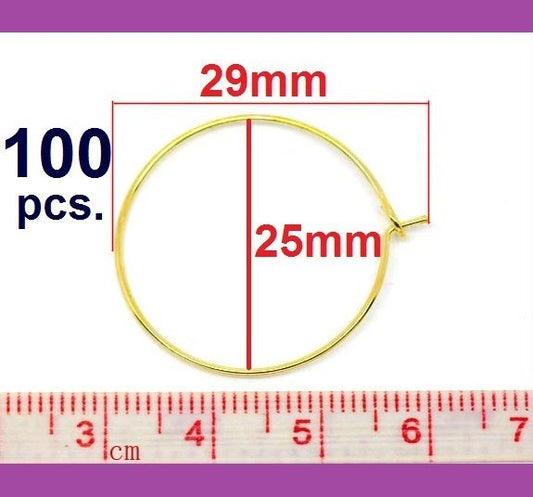 W004 - 100 pcs. Gold Plated Wine Charm/Earwire Hoop Rings - 29mm x 25mm-21 Gauge