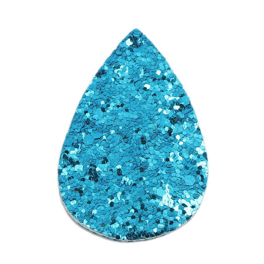 FL0005 - 10 pcs. Aqua Blue Glitter Faux Leather Dangle Charms Pendants - Teardrop - 58mm (2.3") - Great for Light Earrings and Dangles! Double-Sided