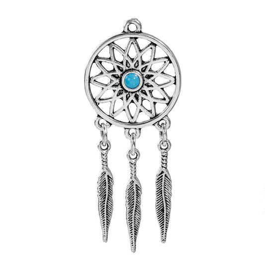 P495 - 2 pcs. Antique Silver Dream Catcher Hollow with Dangles Charms Pendants and Imitation Turquoise Stone - 64x26mm - LARGE