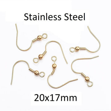 E769 - 50 pcs 304 Stainless Steel Golden Earring Hooks with Spring and Ball - 20mm x 17mm - Hole: 2mm - 0.8mm Pin - Bright Gold