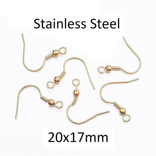 E769 - 50 pcs 304 Stainless Steel Golden Earring Hooks with Spring and Ball - 20mm x 17mm - Hole: 2mm - 0.8mm Pin - Bright Gold