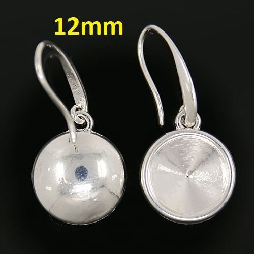 E716 - 10 pcs. Shiny Silver Earring Dangle Hooks Settings Bezels Cabochons - 12mm Glue Pad Setting - Cone Pointed Back Design