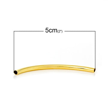 BD547 - 100 pcs. Gold Plated Noodle Tube Long Thin Smooth Curved Beads - 50mm x 3mm (2" x 0.12") - Hole Size: 2.4mm - Made of Copper! High Quality!