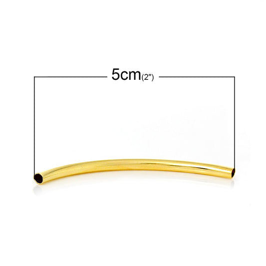 BD547 - 100 pcs. Gold Plated Noodle Tube Long Thin Smooth Curved Beads - 50mm x 3mm (2" x 0.12") - Hole Size: 2.4mm - Made of Copper! High Quality!