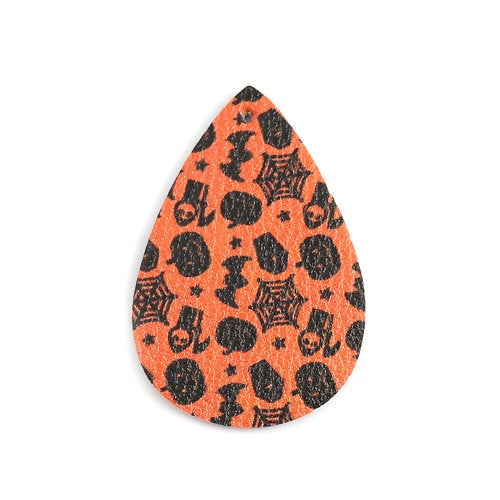 P1083 - 10 pcs. Orange Faux Leather Dangle Charms Pendants - Teardrop - Halloween - 56mm (2.2") - Great for Earrings or Dangles! Double-Sided - F