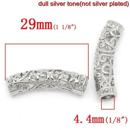 BD406 - 5 pcs. Silver Tone Noodle Tube Long Curved Beads - 29mm x 9mm (1 1/8" x 3/8") - Heart Carved Hollow Pattern - Hole Size: 4.4mm