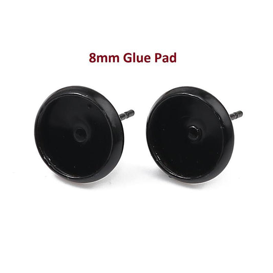 E354B - 30 pcs. Black Earring Posts Studs Settings Bezels Cabochons Tacks - 8mm Glue Pad Setting