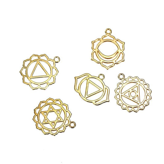 P424 - 7 pcs Gold Plated Chakra Charms Pendants - 29mm x 23mm - 31mm x 28mm - Assortment